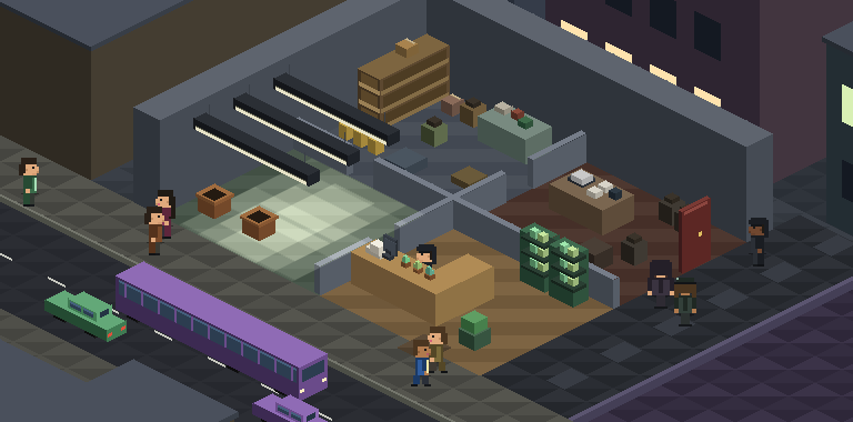 Le dépôt en pixel art isométrique : la boutique CBD côté rue, la culture derrière